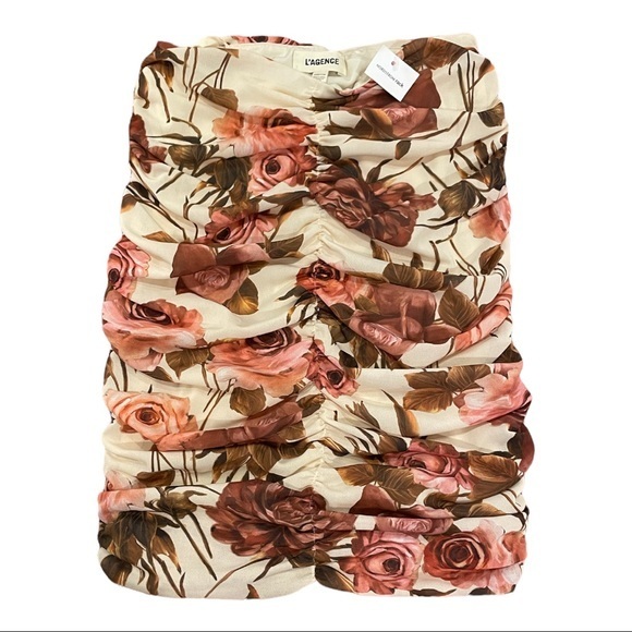 L'AGENCE Veronica Shirred Printed Skirt in Pomelo - Size Size XXS - Picture 8 of 8